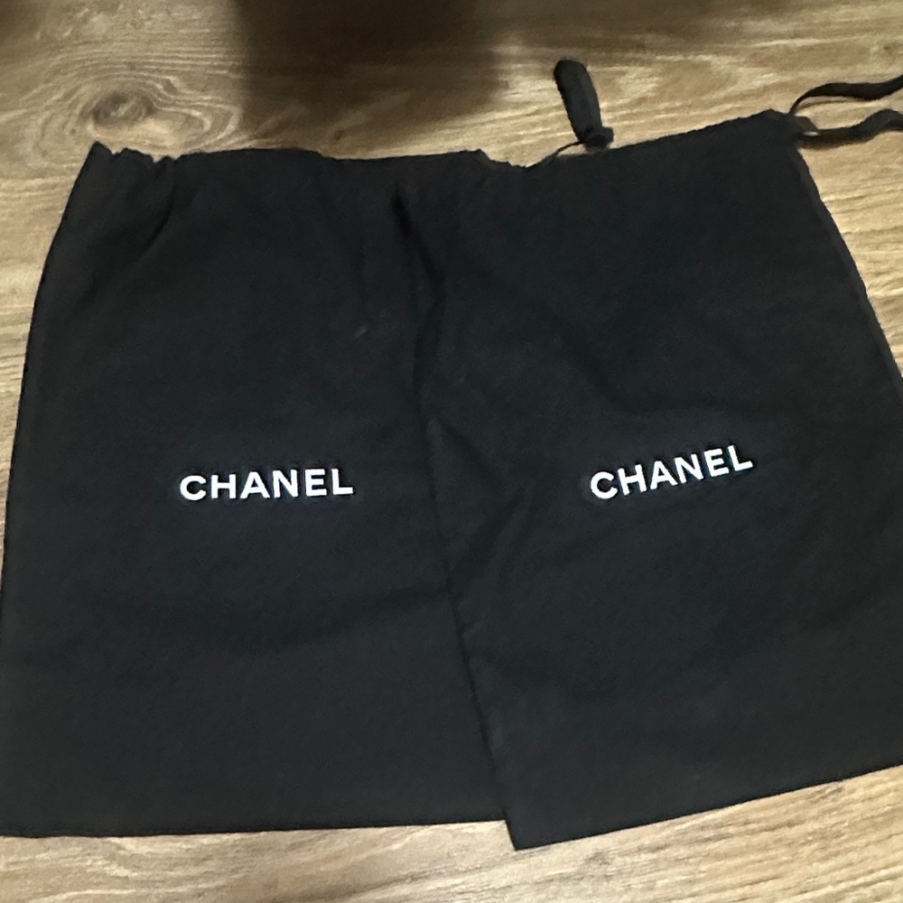 CHANEL Black Drawstring Bags with White Logo 2 piece